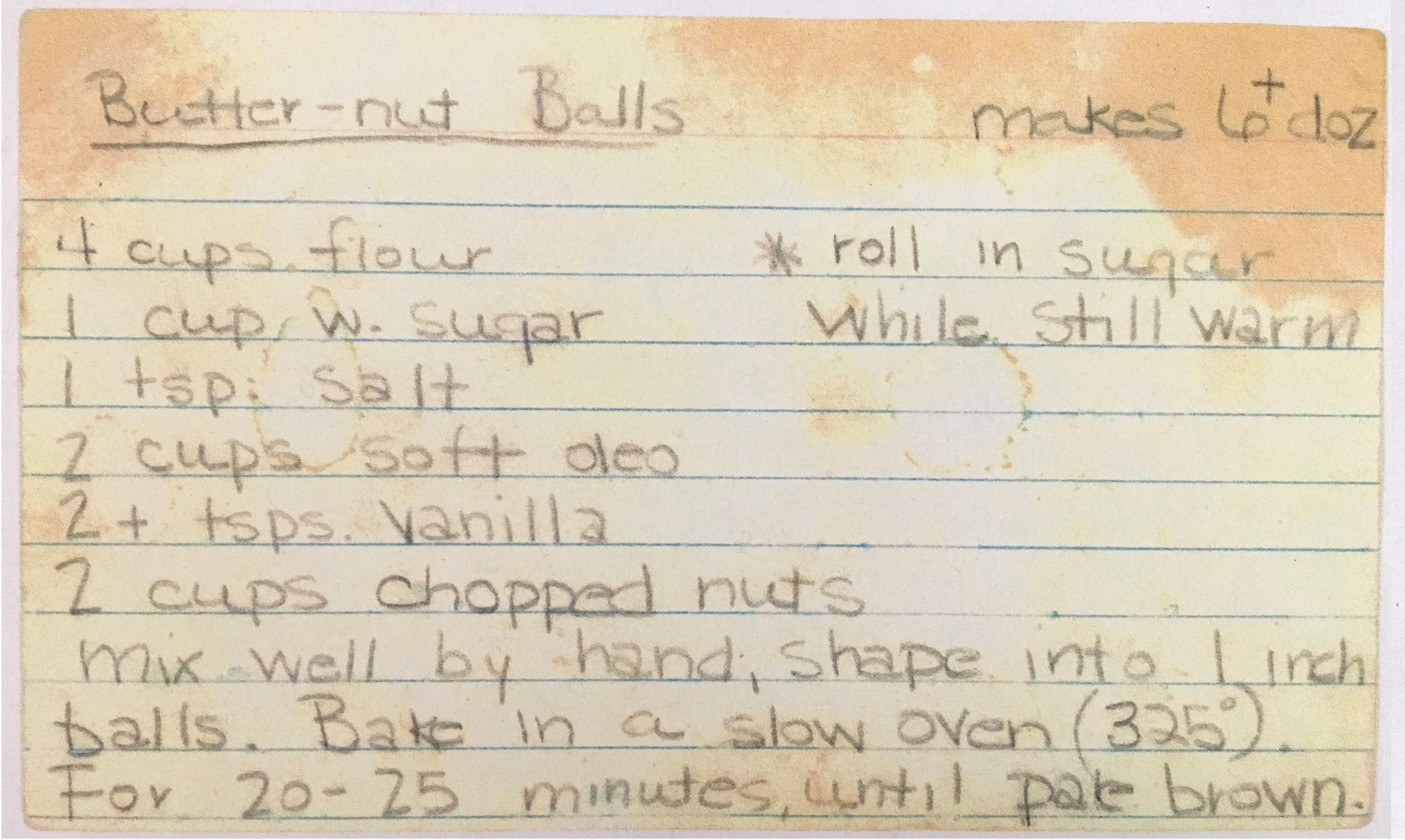 A stained, hand-written recipe card for Butter-Nut Balls.