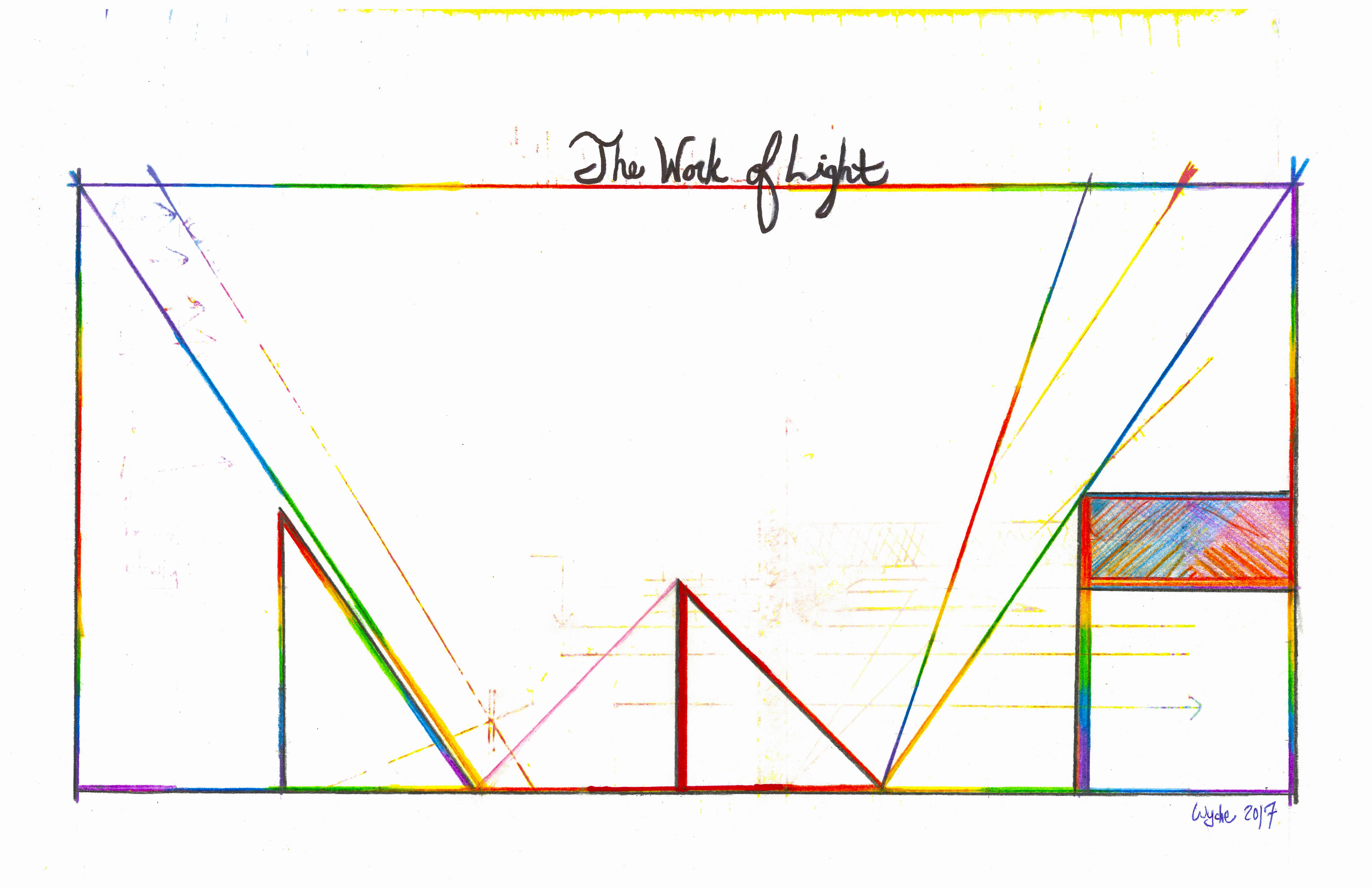 Rainbow-hued straight lines on a white page intersect, forming a rectangular frame and geometric shapes and arrows. Black, cursive text above reads "The Work of Light".