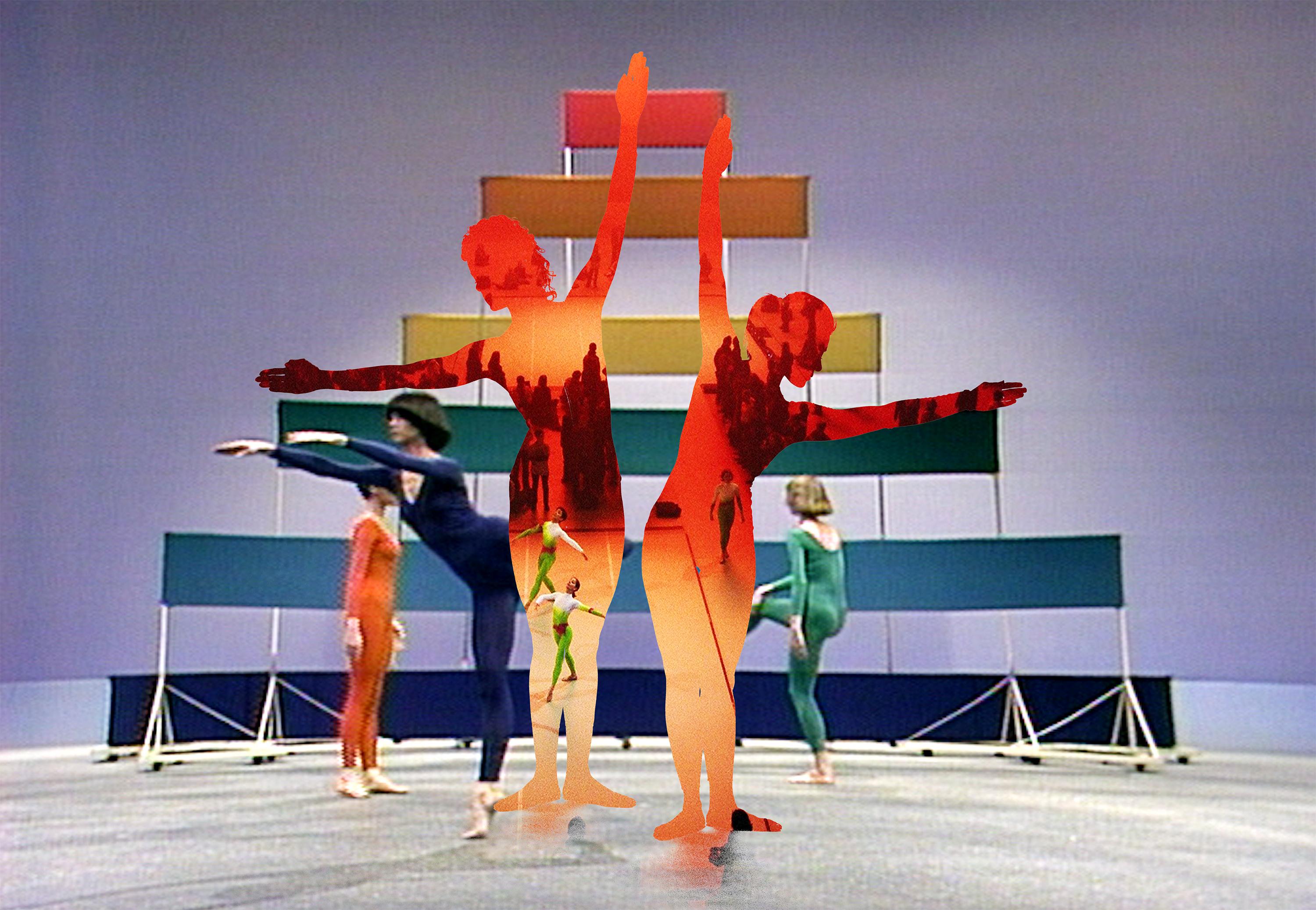 Three dancers in colorful leotards and a triangular structure of colored banners are covered by two dancers' silhouettes that reveal an orange-red room with three dancers and crowds of people.