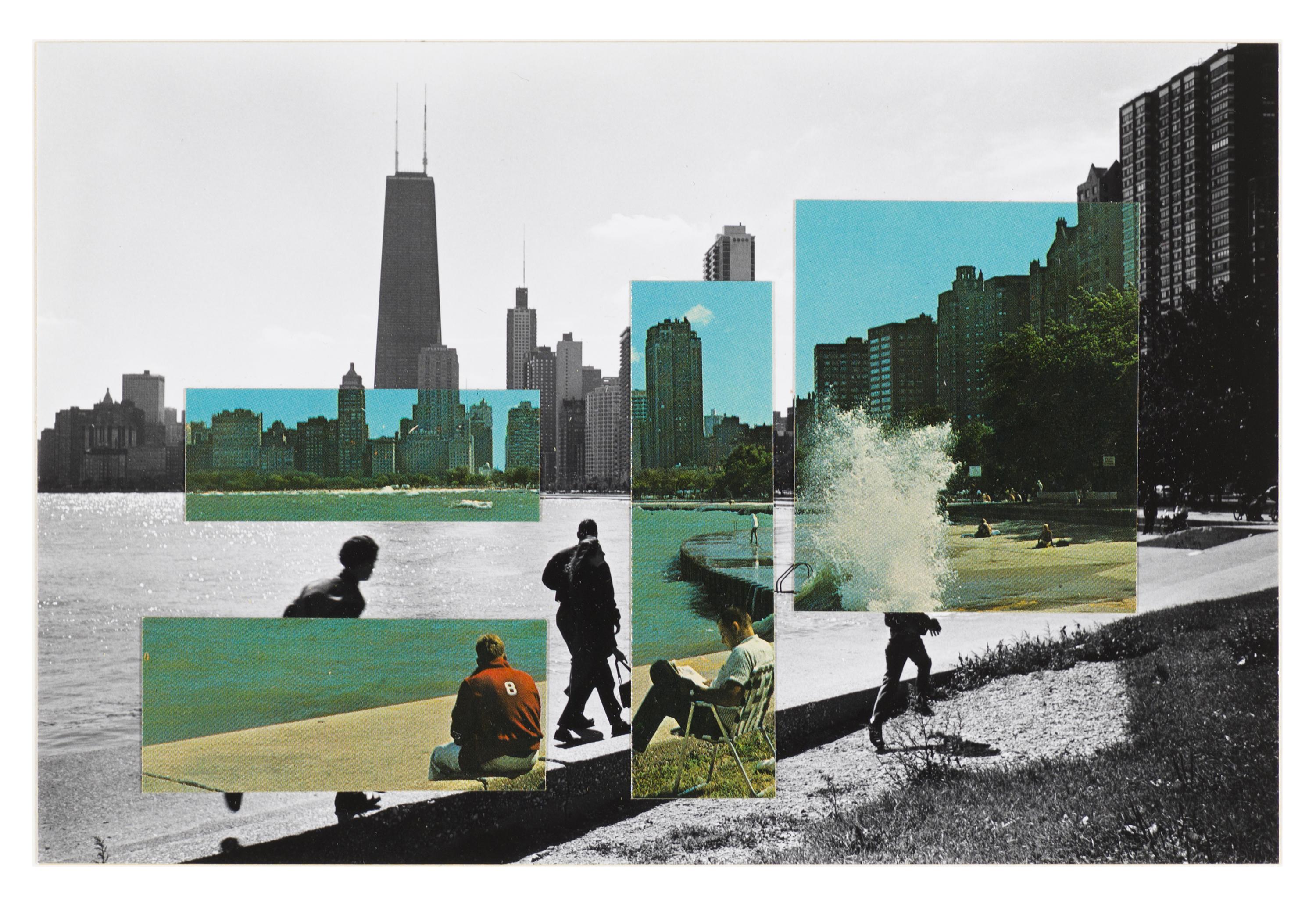 A black-and-white photo of the Chicago skyline from the north shore of Lake Michigan is overlaid with rectangular color image fragments of the same view. The color images add and subtract people from the lakefront view.