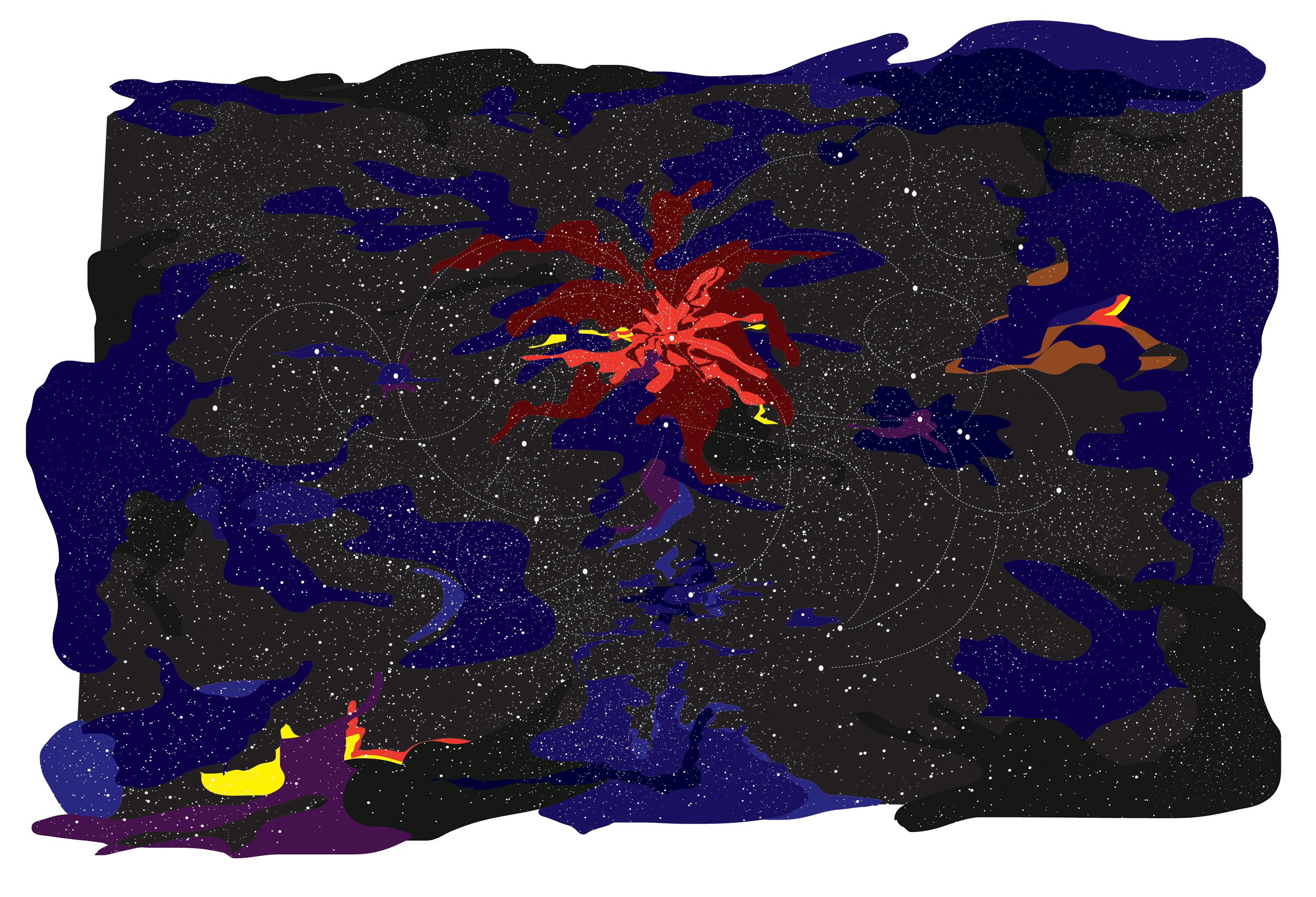 Dark gray, cloud-like shapes spread diffusely across a field of deep blue. Near the center, a starburst shape of deep red and orange emerges. Tiny white dots cover the entire image, occasionally connected to one another by faint dotted white lines.