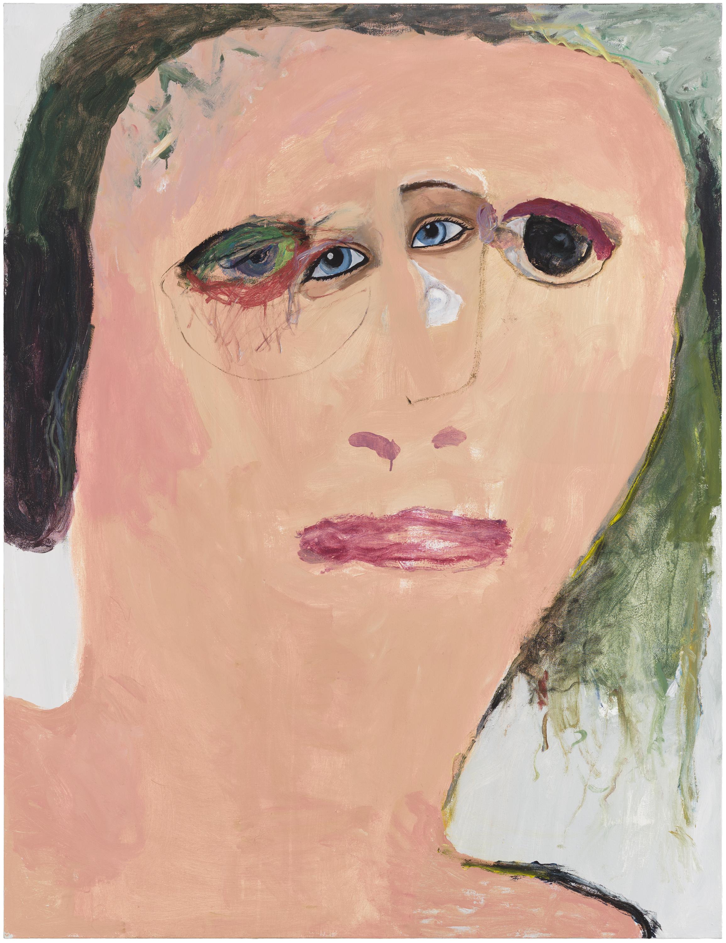 A closely cropped portrait of a pink-skinned woman's face is painted in loose brushstrokes. Between her eyes is another, smaller pair of blue eyes and eyebrows, rendered in a more realistic style and tilted to the left.