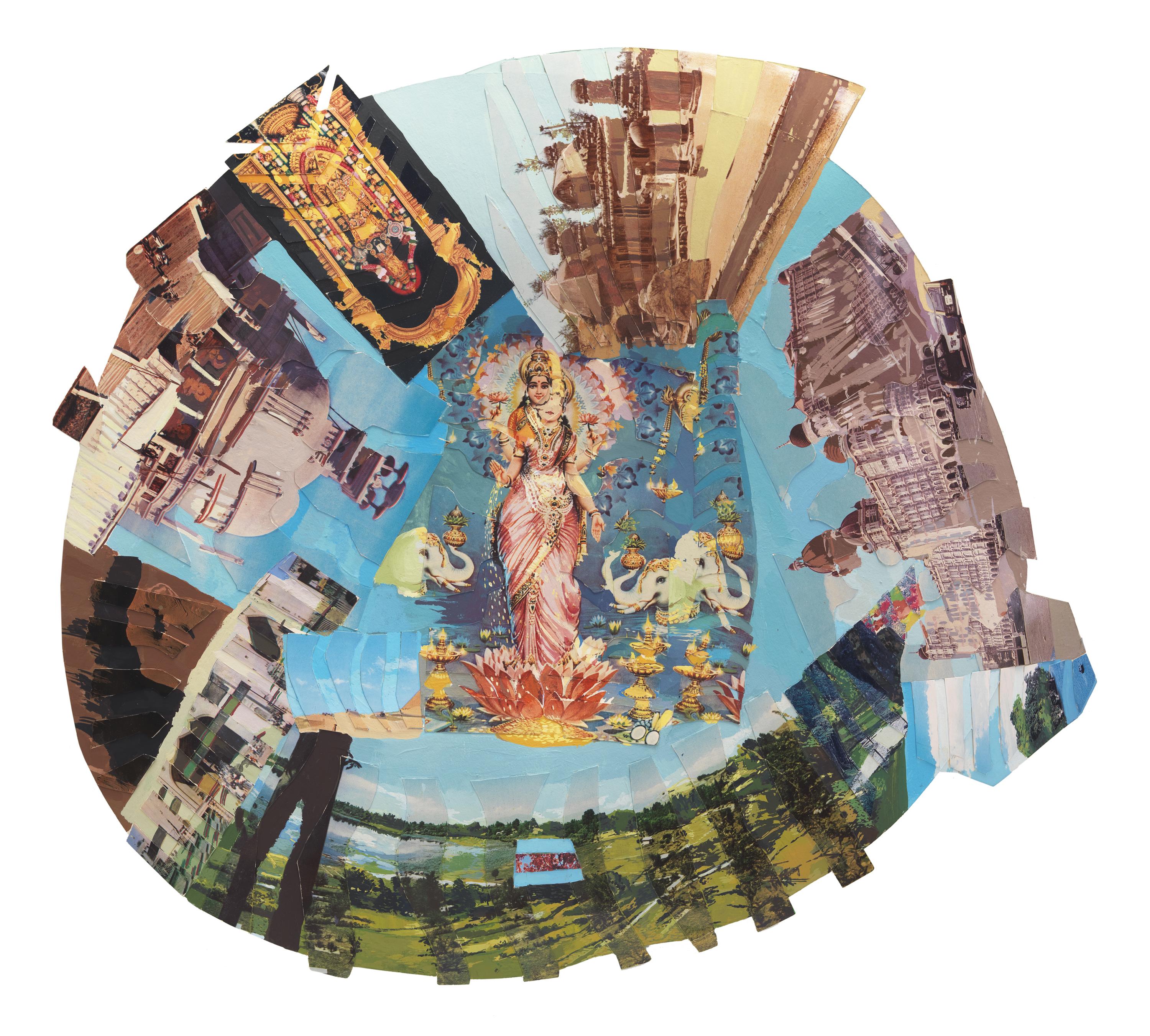 A vaguely circular collage features an ornately dressed adult woman against a sky blue background at its center, surrounded by images of various buildings and landscapes.