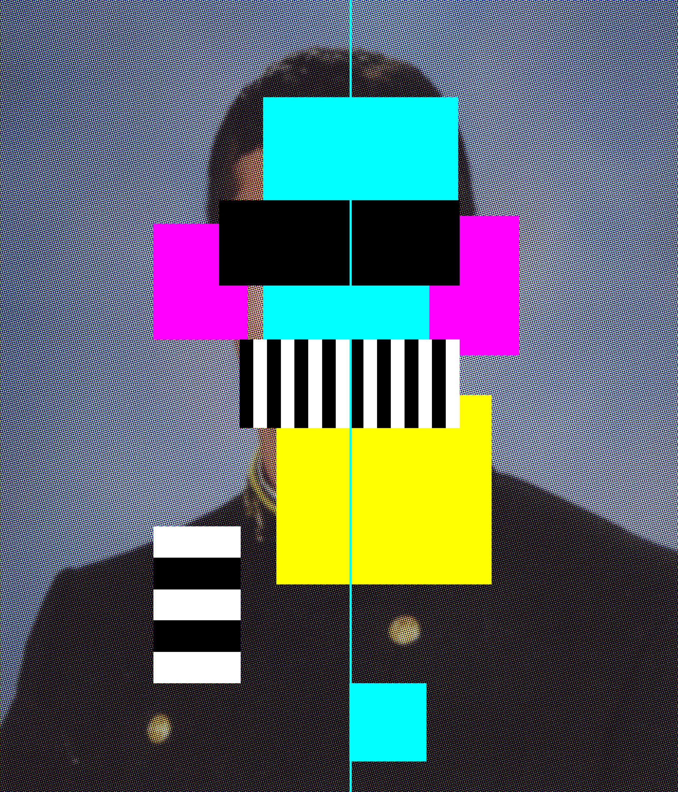 photograph of a face superimposed with retro 8-bit color blocks
