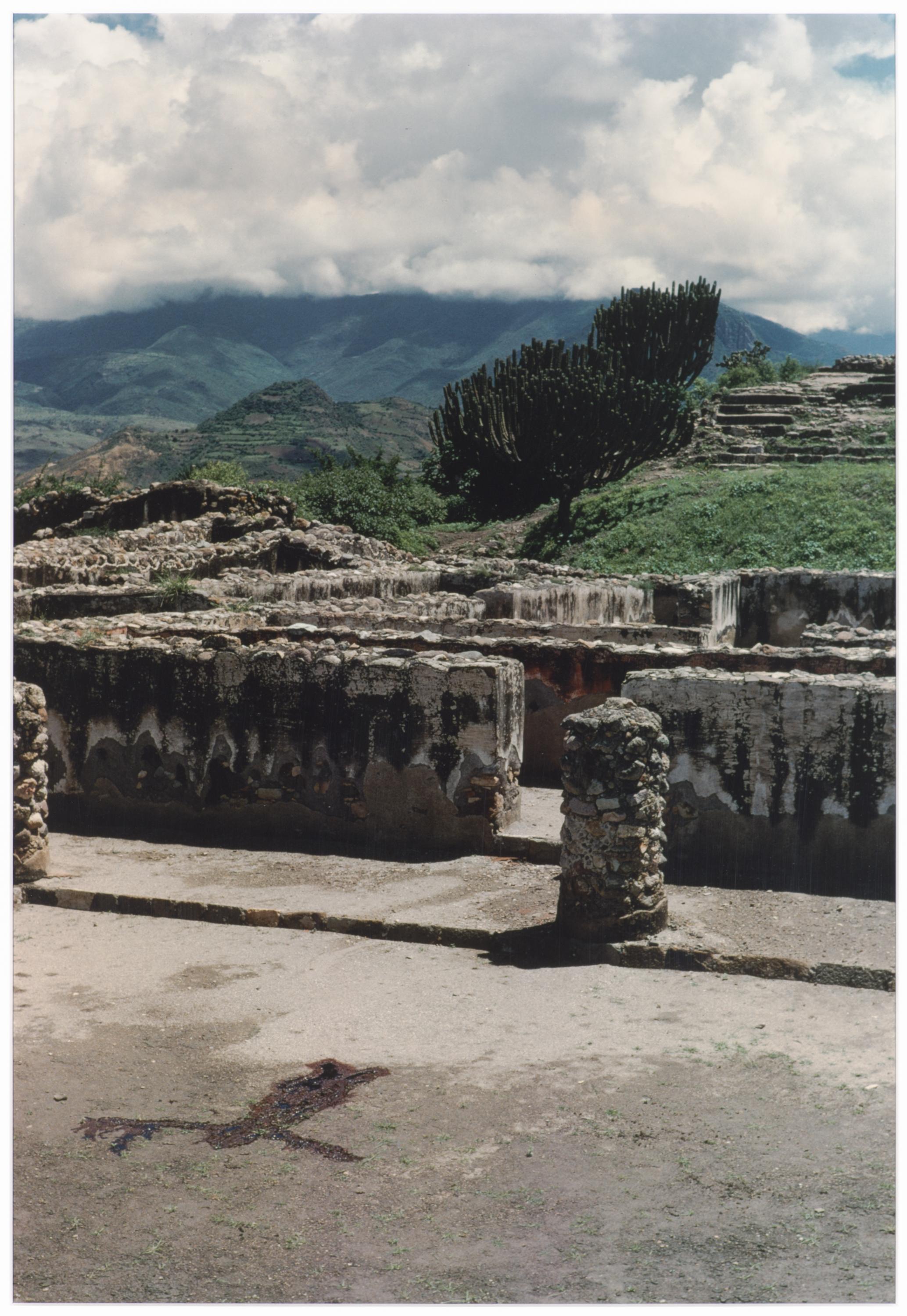 A photo of a picturesque countryside with stone ruins features a dark, human-like form in the dry dirt.