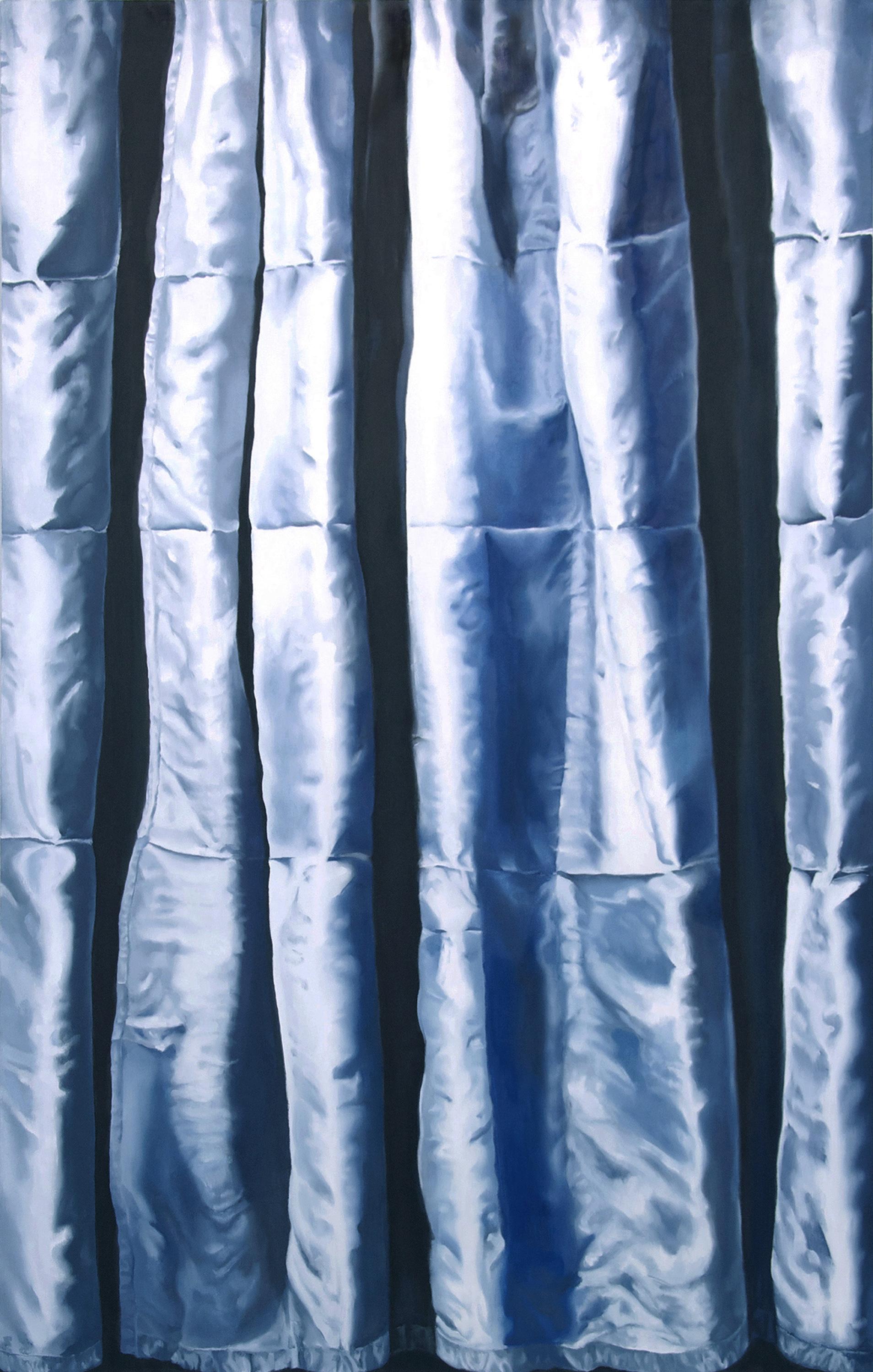 A vertical painting portrays a close-up view of a light blue, satiny fabric.