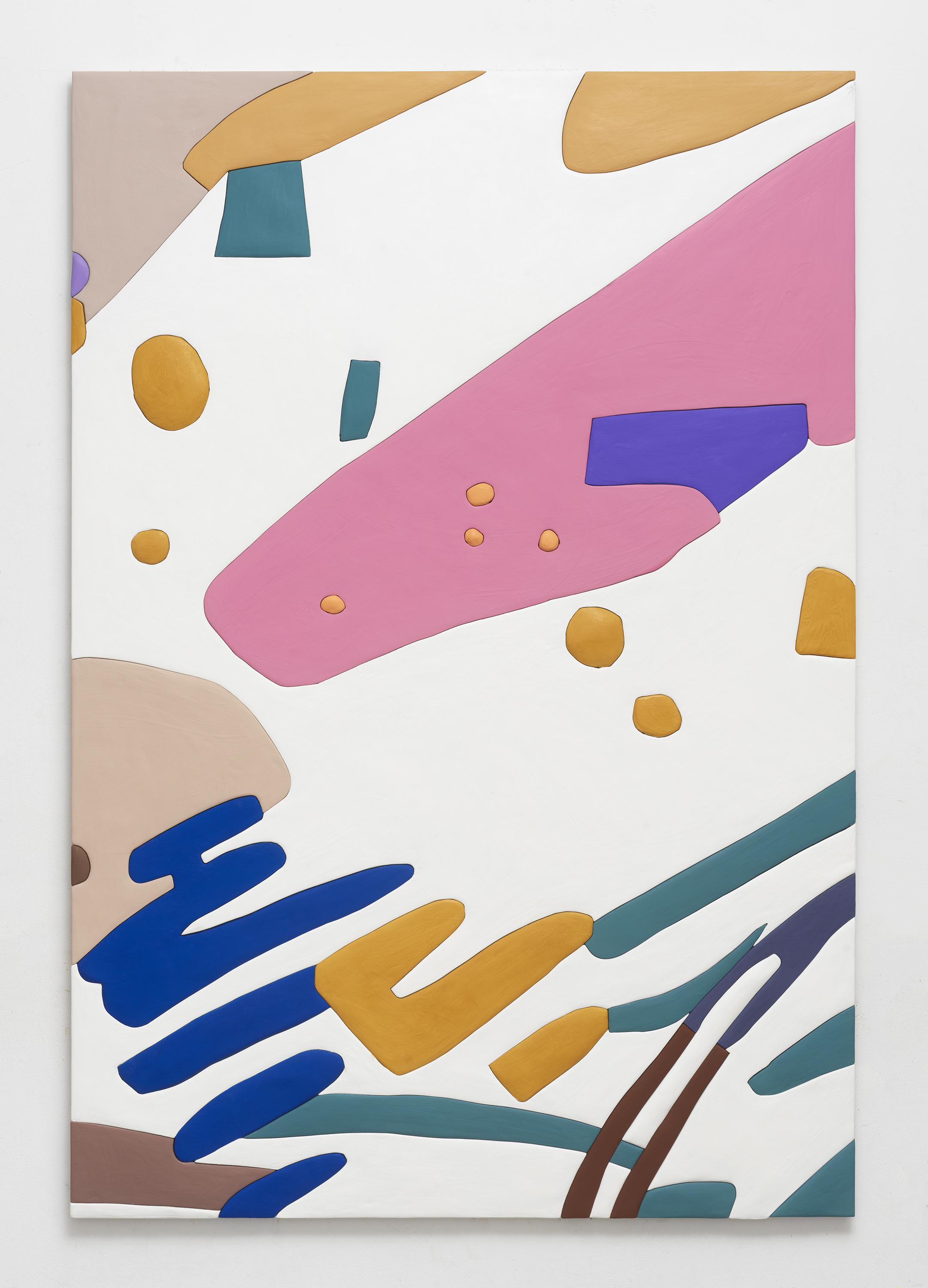 This abstract composition of various shapes of pink, ochre, dark blue, tan, and turquoise appears to have a slightly raised texture to each squiggle, dot, and line.