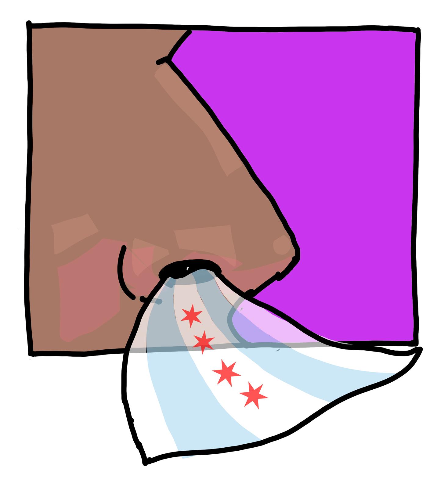 A simple illustration shows a dark-skinned nose in profile with the Chicago flag emerging from one nostril.