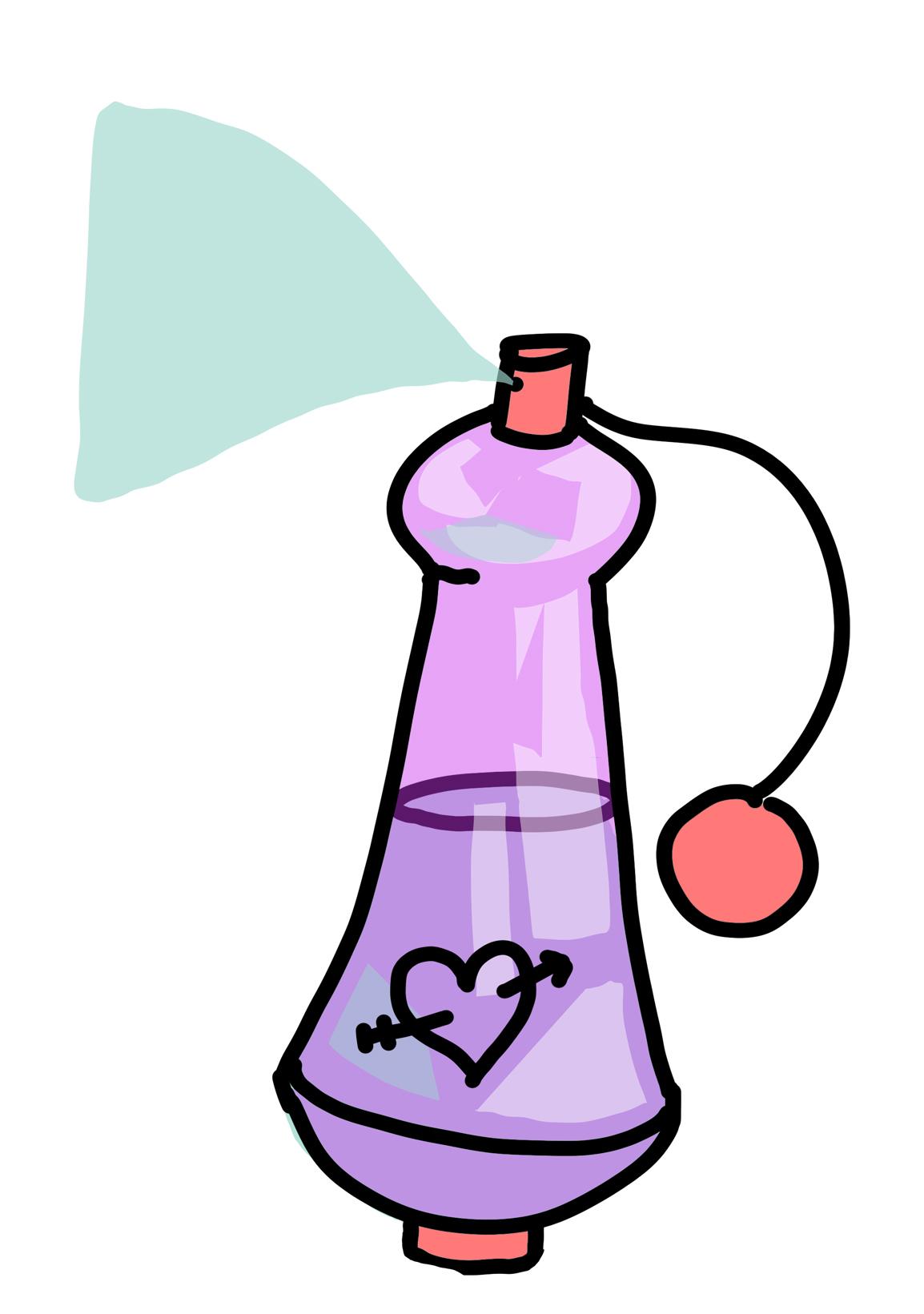 A simple illustration shows a purple perfume bottle with a heart spritzing a blue liquid.