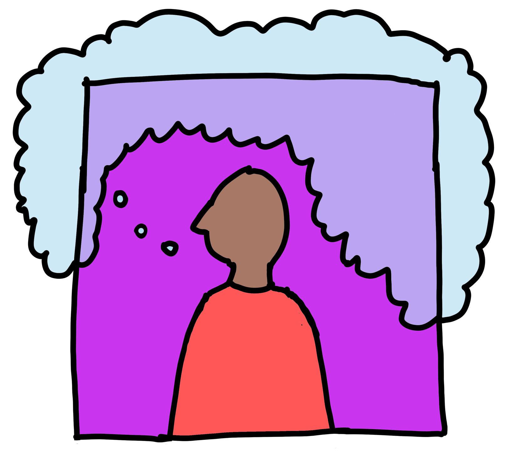 A simplistic drawing shows a dark-skinned person with a large thought bubble.