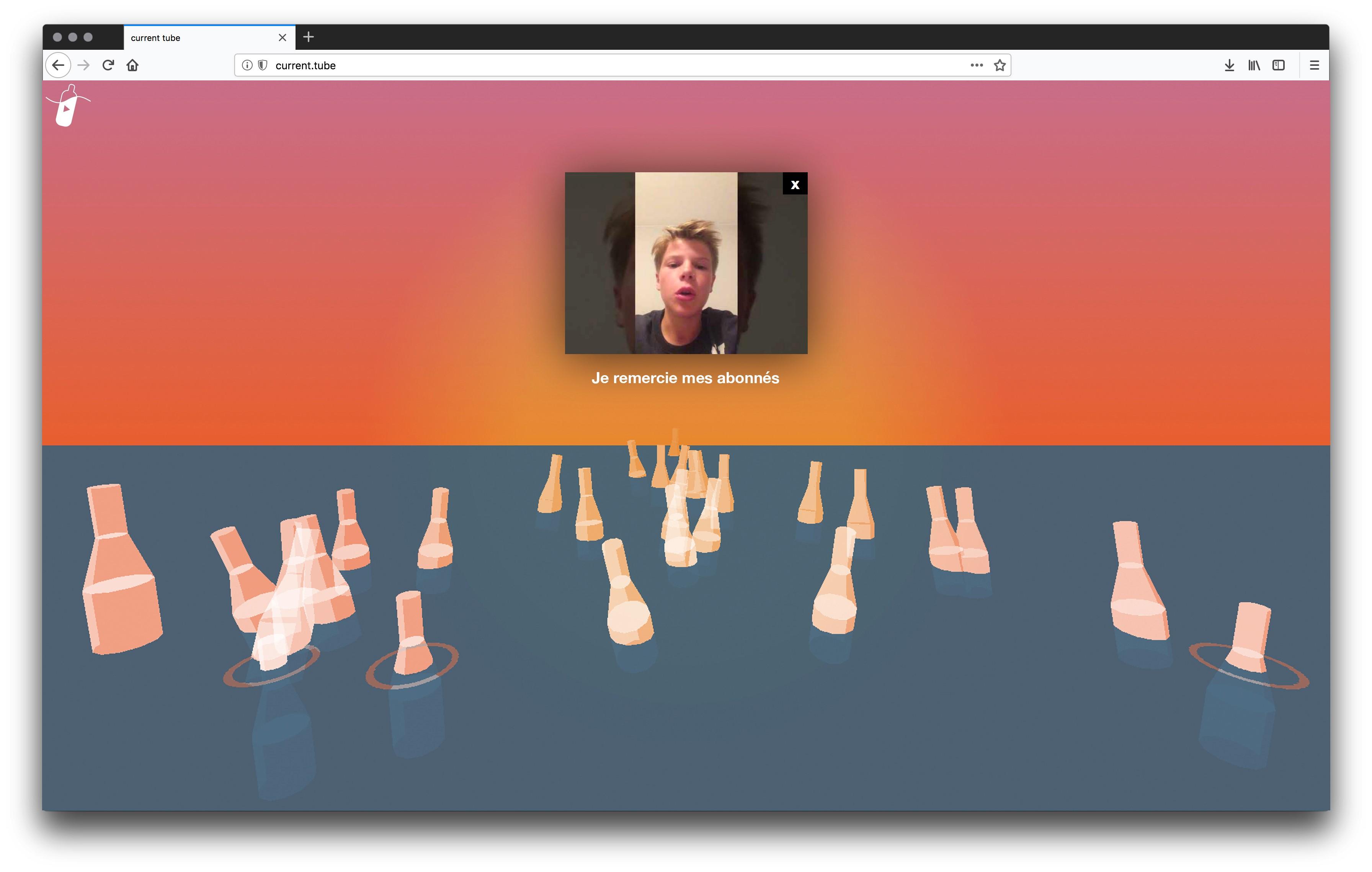 A browser open to a chat with a young man over a background of computer-rendered wine bottles in gray-colored water under a gradient orange sky.
