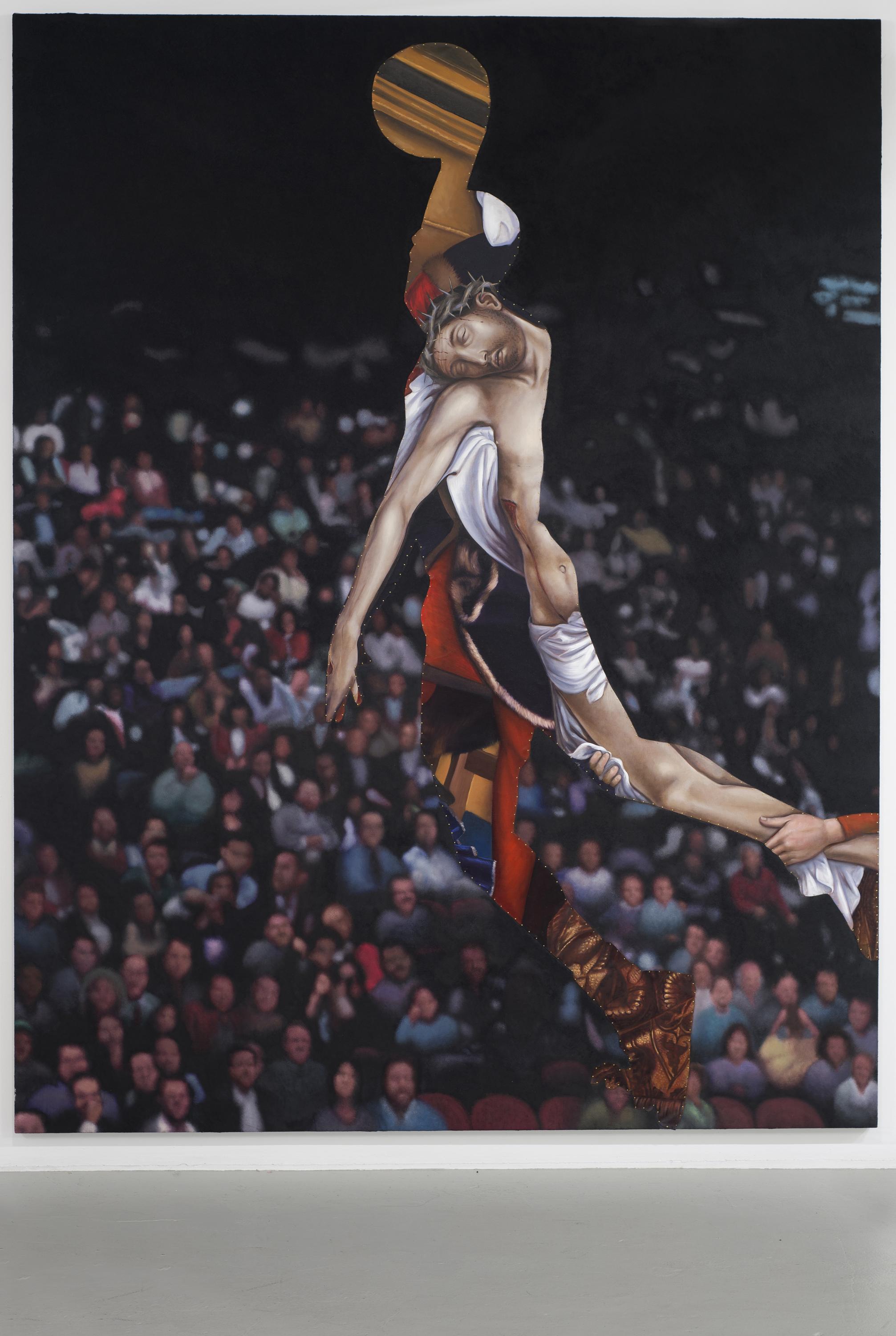 A basketball player leaping toward the hoop as if to dunk looks as if their body is collaged with an image of Jesus Christ wearing a crown of thorns. A large audience looks on.