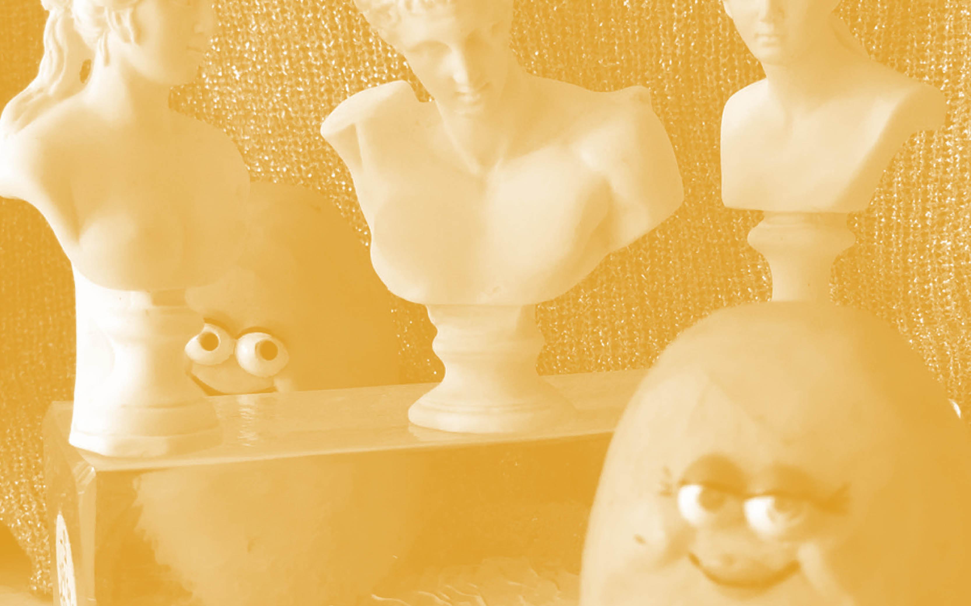 A yellow-tinged scene features three sculptural busts resting upright on a transparent pedestal. Two smiling McDonald's chicken nugget characters face forward in front of a shimmery backdrop.