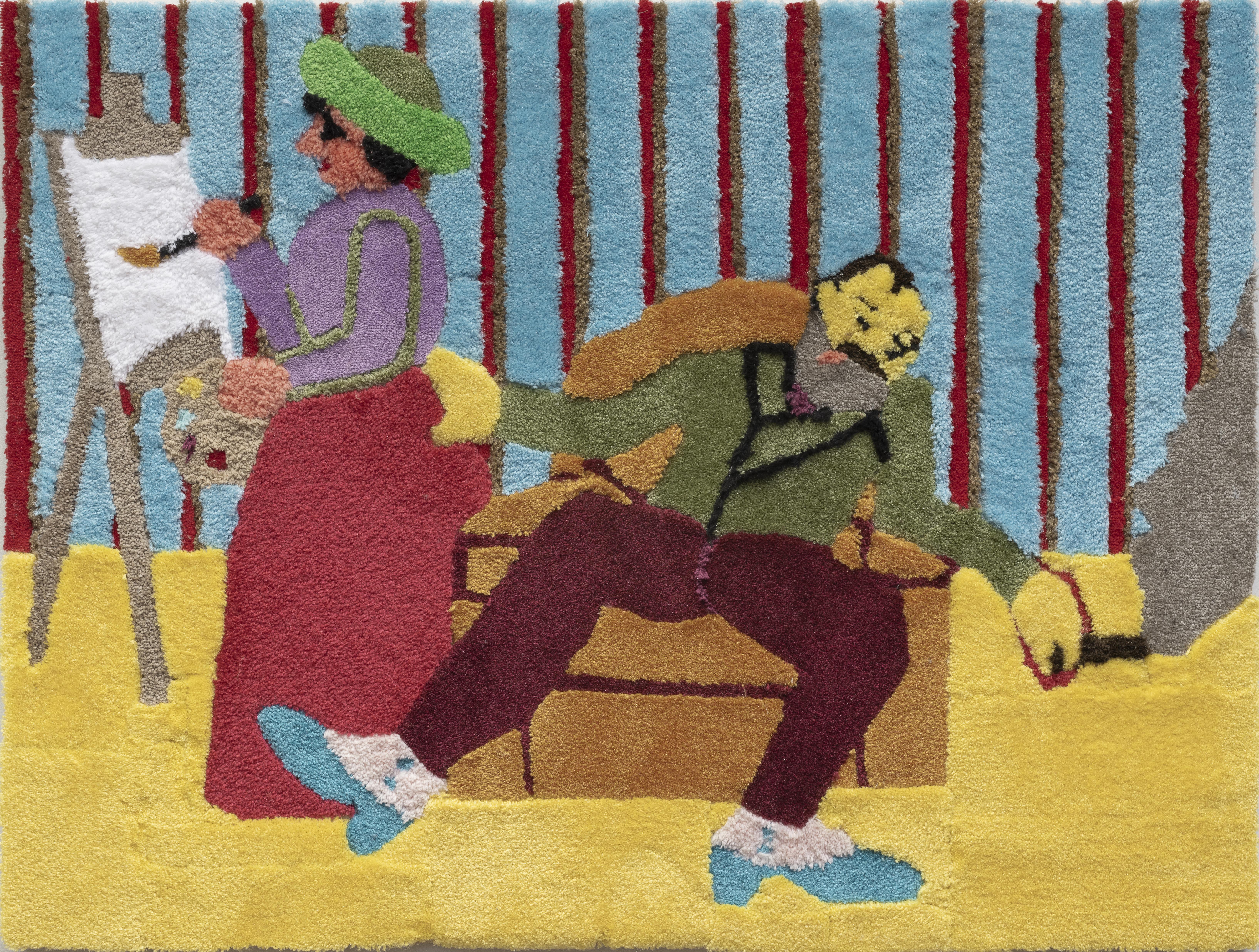 A scene rendered in carpet depicts a bearded figure smoking in an armchair while a person paints.