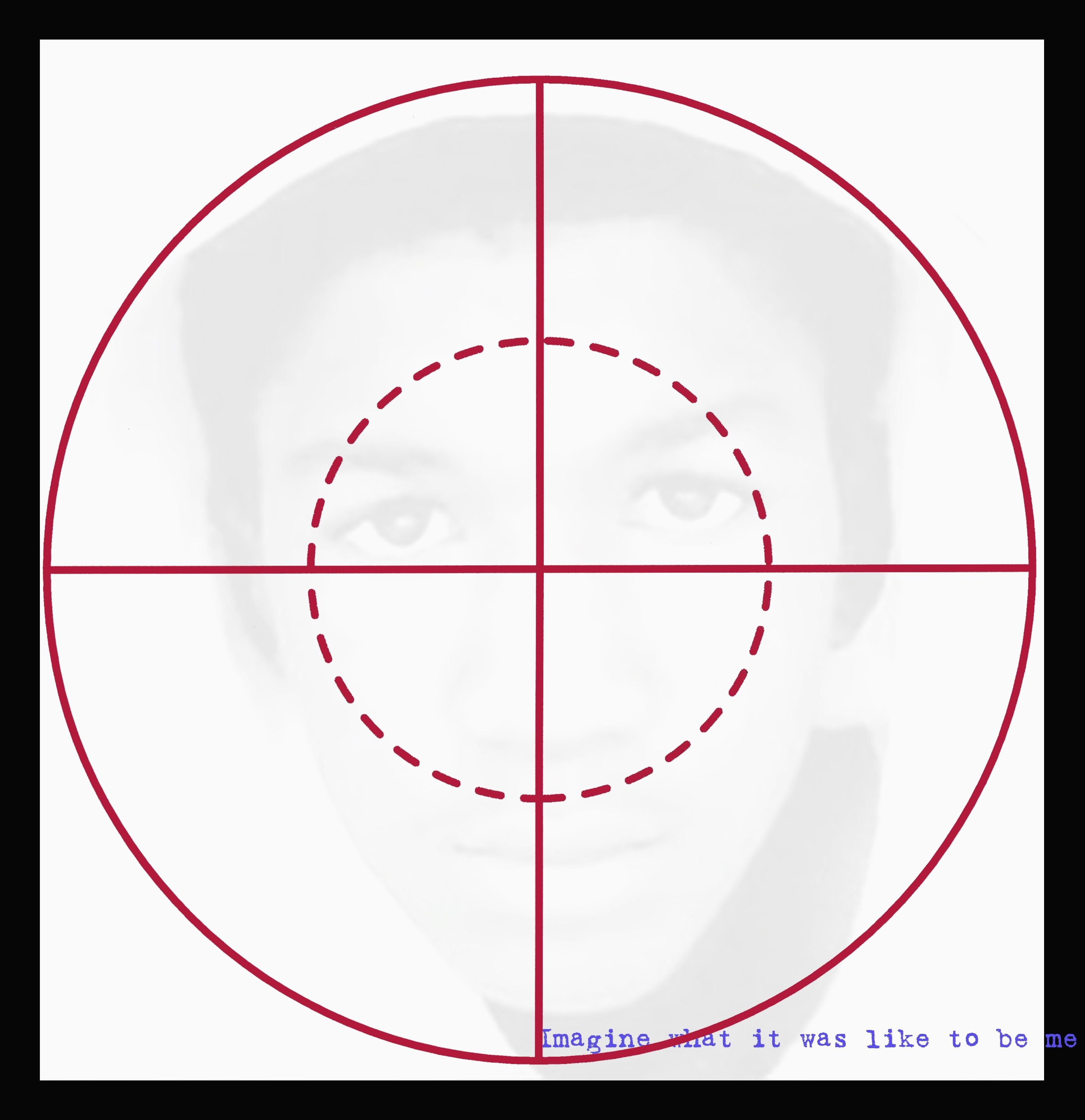 The graphic of a cross-hair superimposes an opaque image of Trayvon Martin