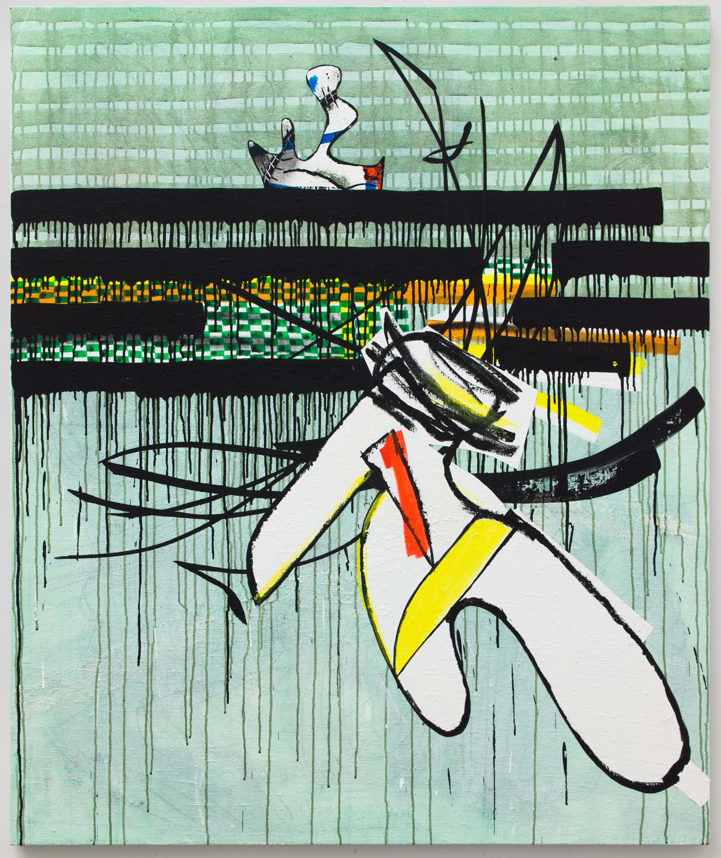 An abstract composition shows two black-and-white curved shapes with accents of primary colors against a more rigid background of mint green and black.