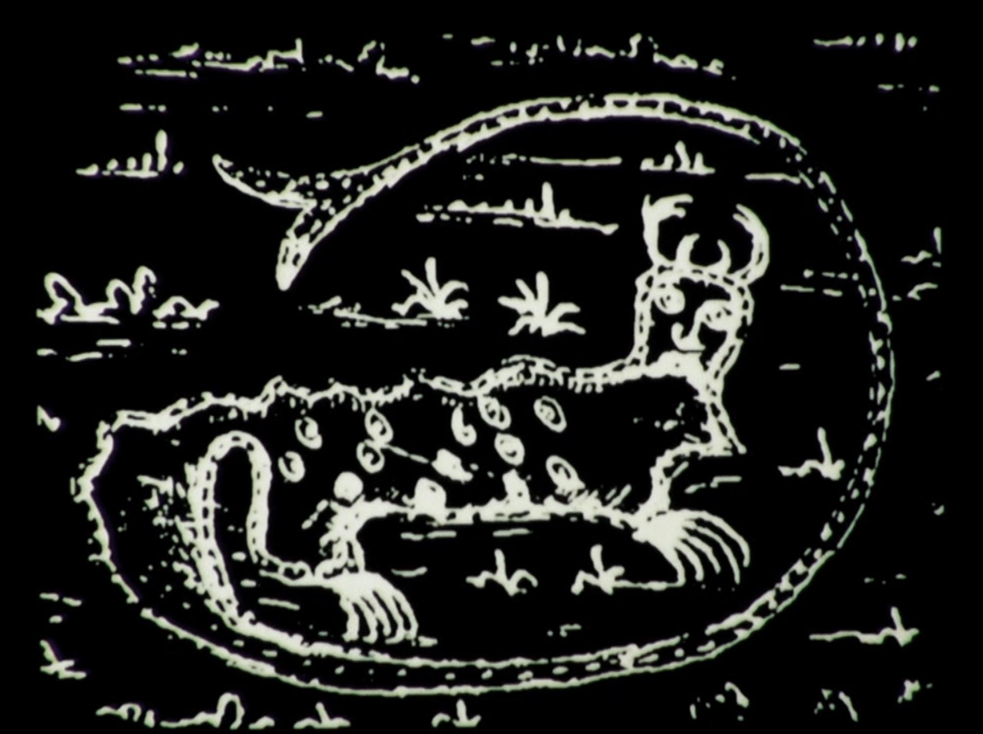 A serpent-like creature with horns, clawed feet, and a very long tail, bisected at its tip which wraps around the creature itself, stands on a black background.