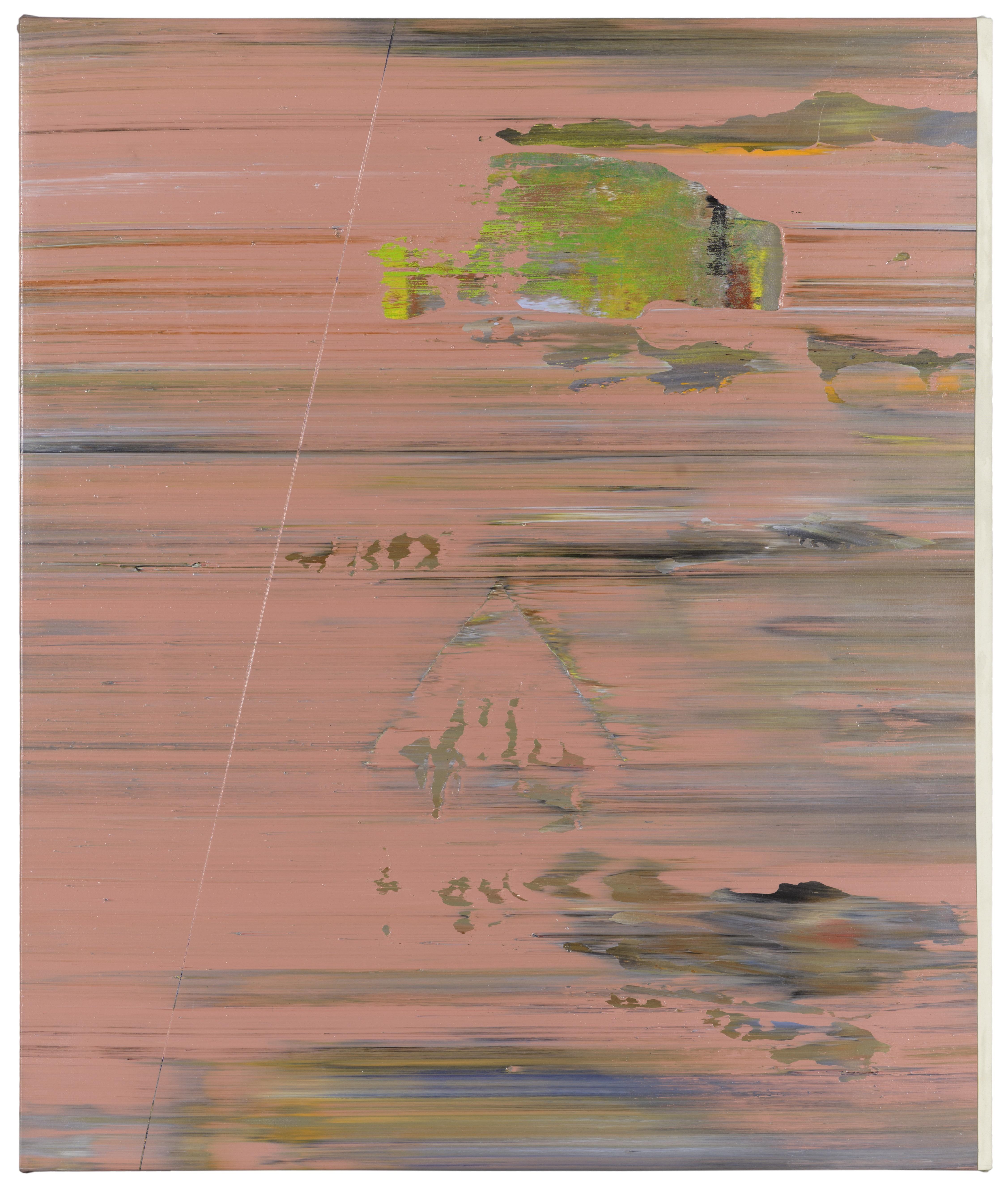 Intermittent, somewhat faded, horizontal streaks of grayish blue, orange, and green are against a pink background with faint hints of shapes coming through.