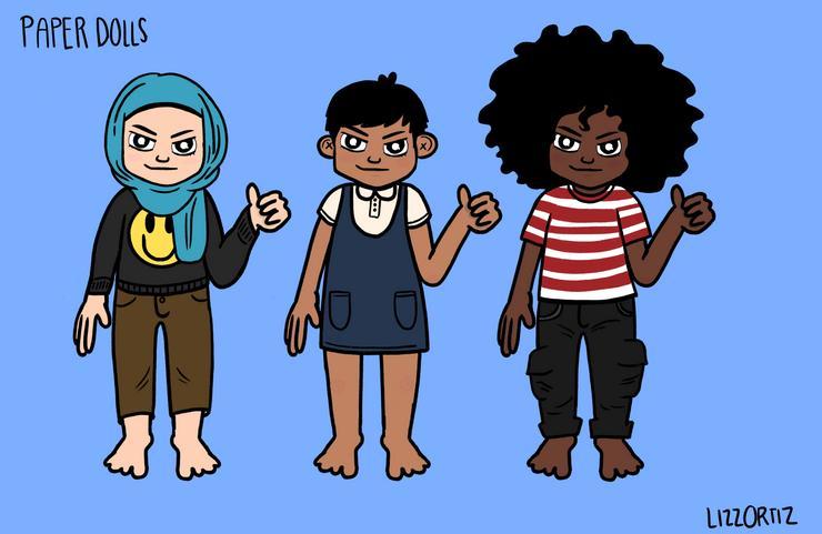 Three cartoon figures, each with different skin tones, apparel, and hair, stand in a row with left hands raised in a thumbs-up gesture.