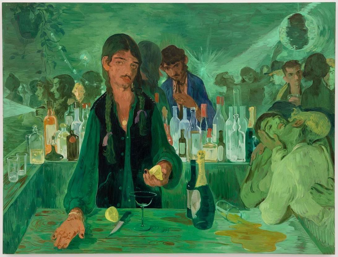 A green-tinted painting of a lively bar. In the foreground, a bartender holds a lemon in their left hand which they gesture towards a patron with.