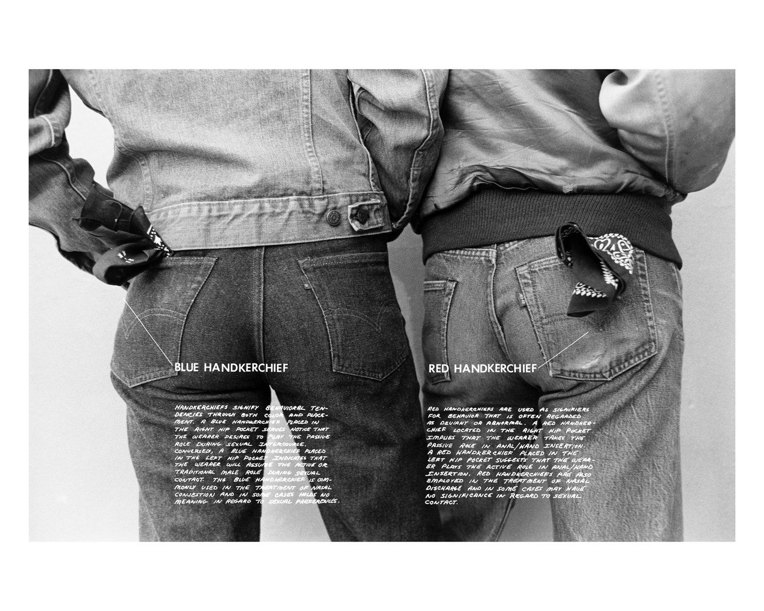 Black and white image of the backsides of two people wearing jean jackets and pants. The image is cropped to their midsection. White text reading Blue Handkerchief and Red Handkerchief is overlaid across their respective buttocks with longer text below each heading.