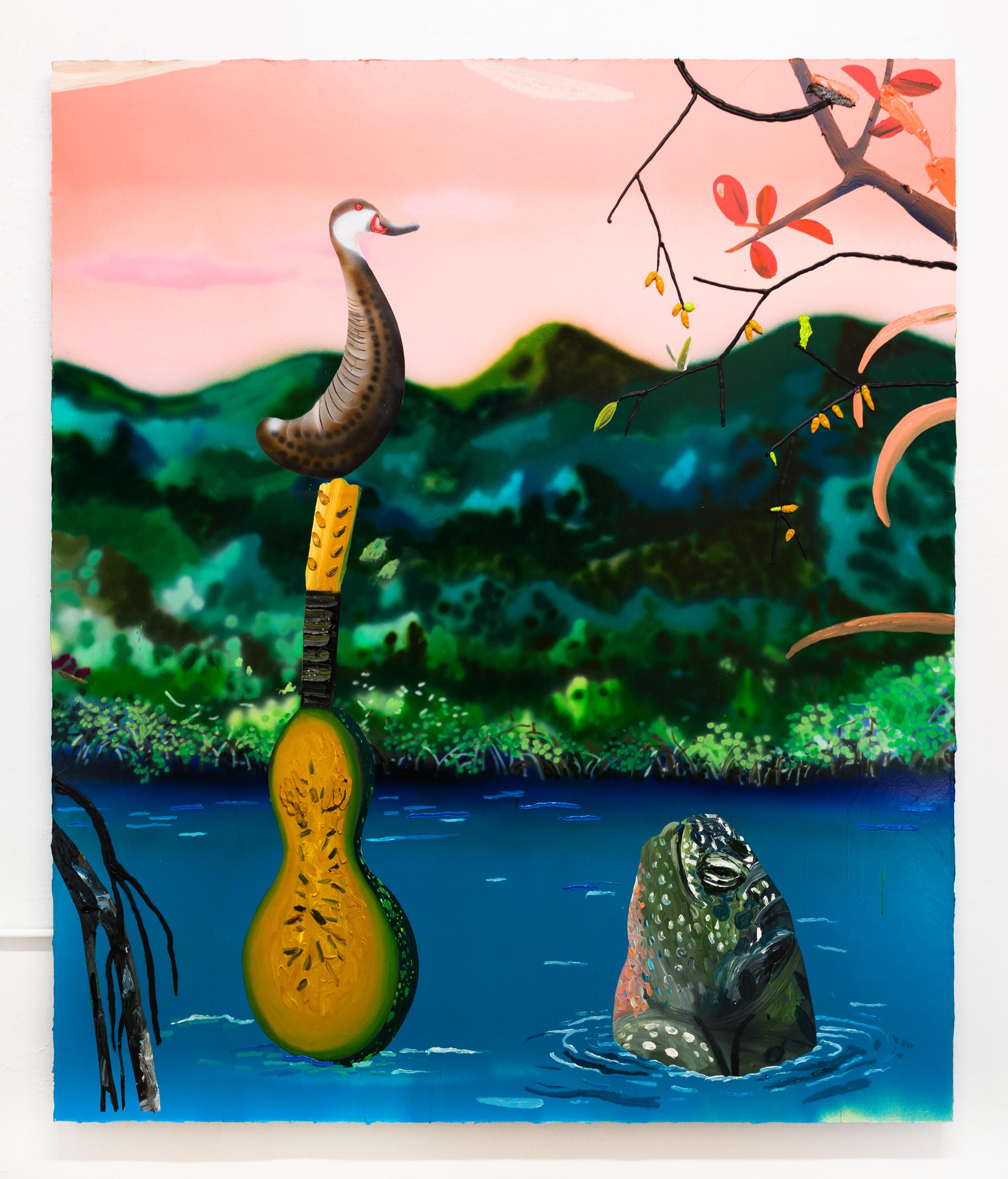 Surreal painting of a turtle rising from a body of water next to a duck perched on a guitar