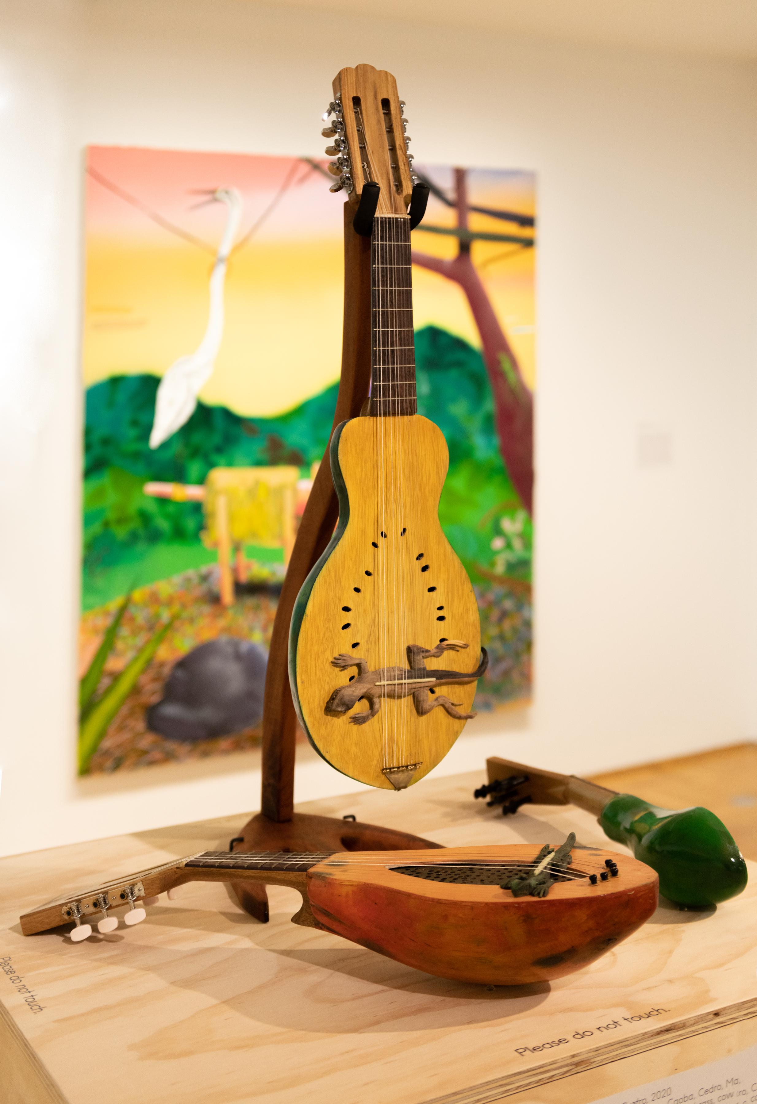 Handmade string instruments on a table