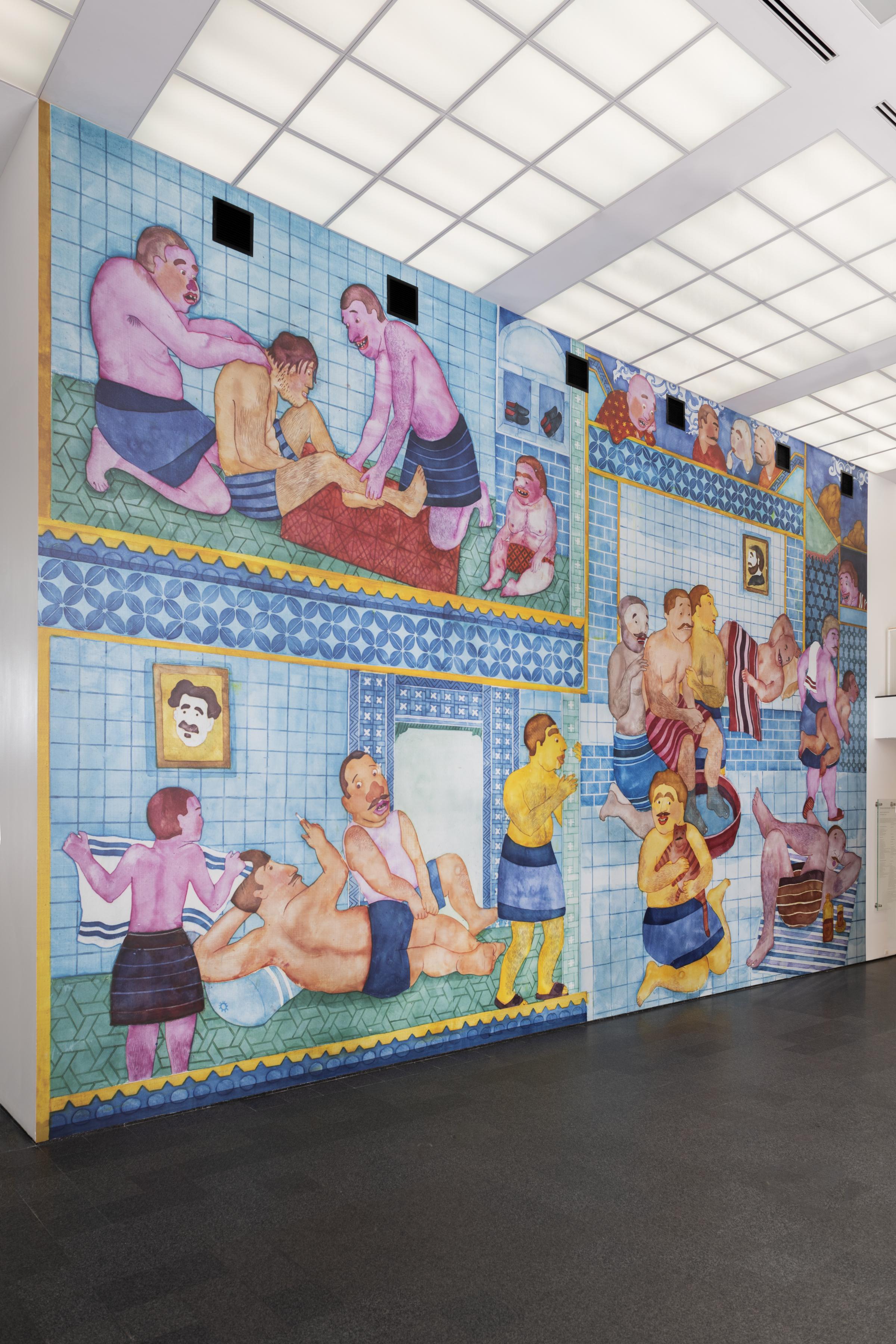 A wall mural depicting a bathhouse scene
