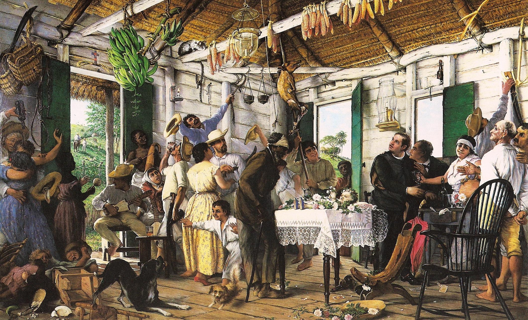 Painting of people at a social gathering in a home