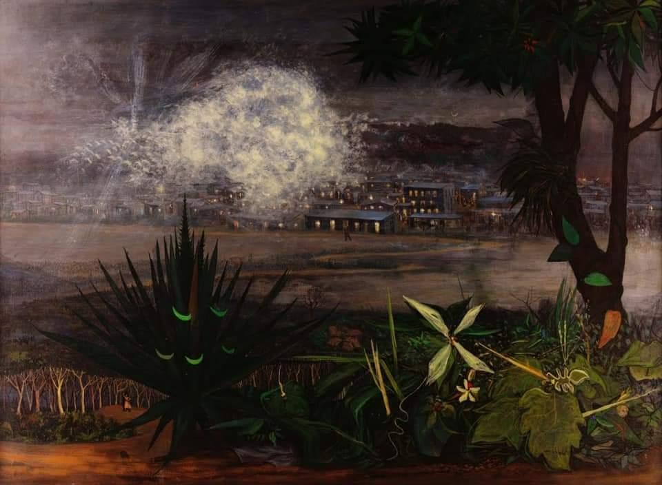 Dramatic landscape painting including foliage in the foreground and a fog covered city in the background