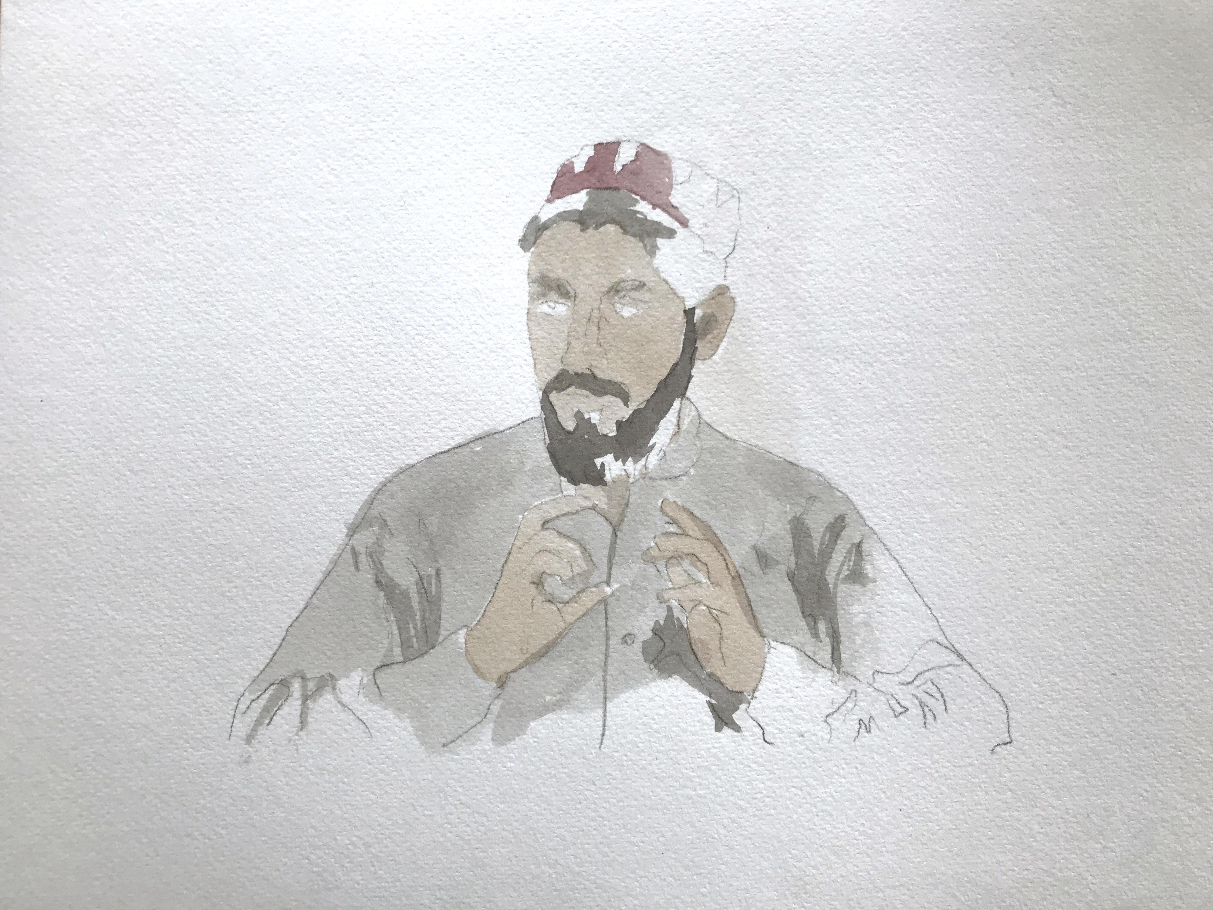 a watercolor of bearded man gesticulating