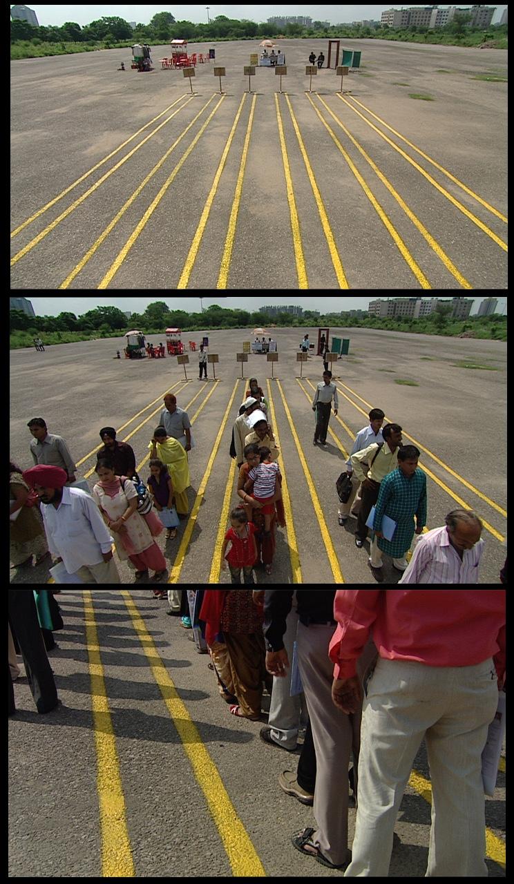 Three film stills showing people lined up in a parking lot