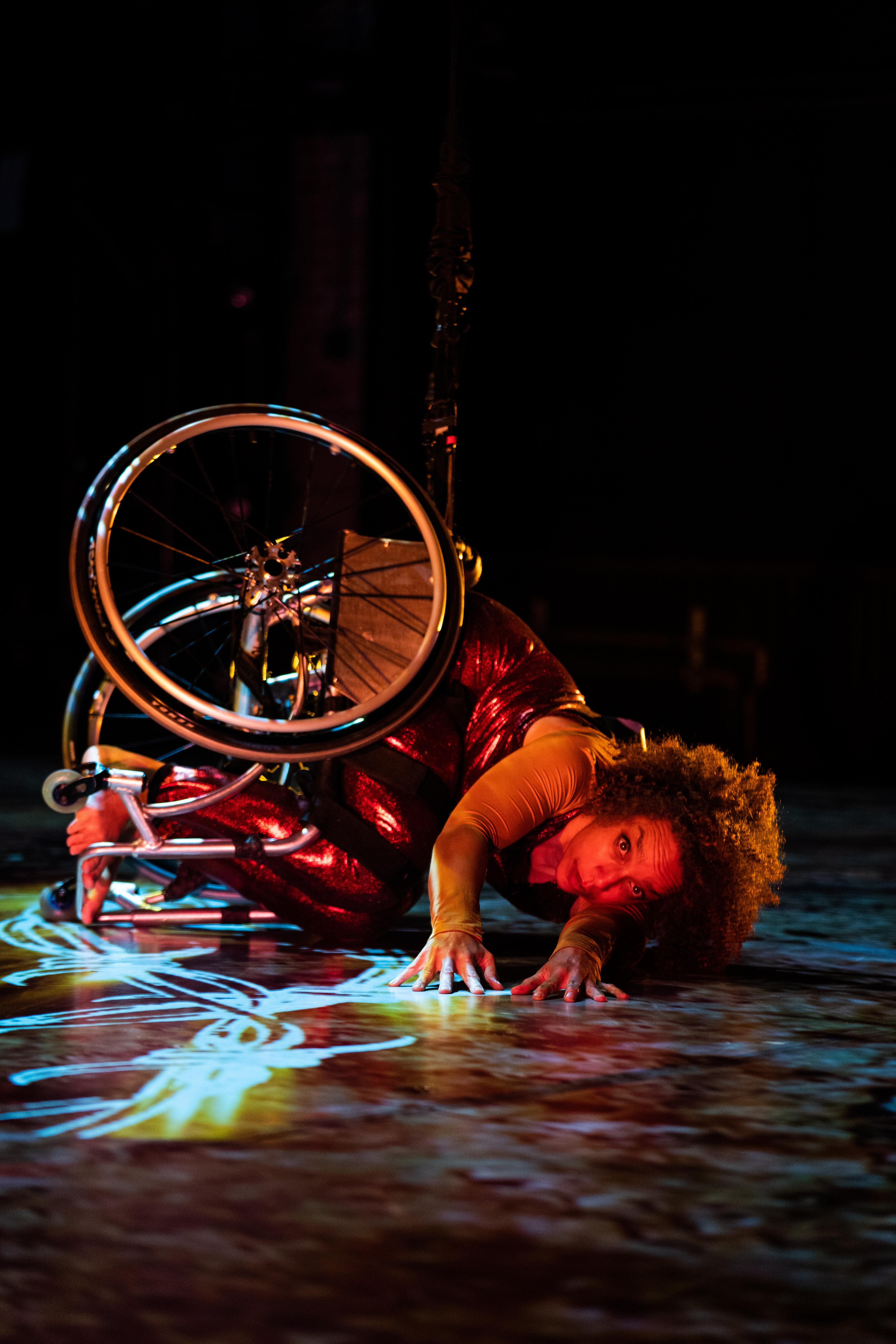 Alice Sheppard, a multiracial Black woman with coffee-colored skin and short curly hair, crouches onstage, legs and wheels curled toward her core, arms reaching toward the camera. \ Dappled purple and blue lighting covers Alice and the floor, as a projection of white and yellow barbed wire extends from under her. She peers intently beyond the camera, eyebrows raised.