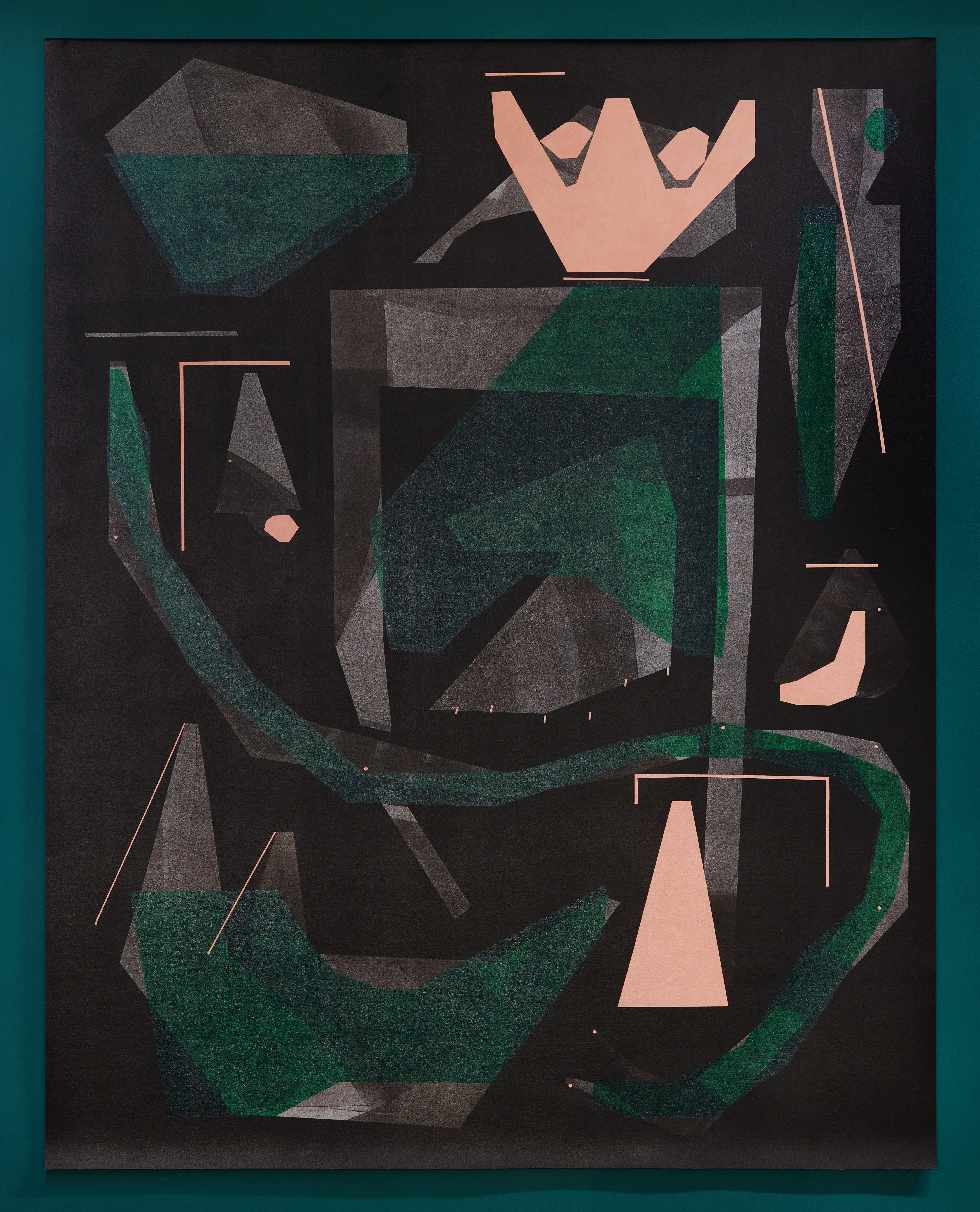 A dark painting of abstract forms hangs on a green wall.