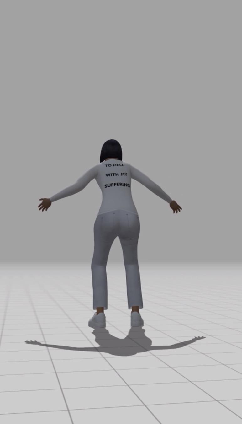 3d animated model of woman with back to viewer wearing a shirt that reads 'to hell with my suffering'