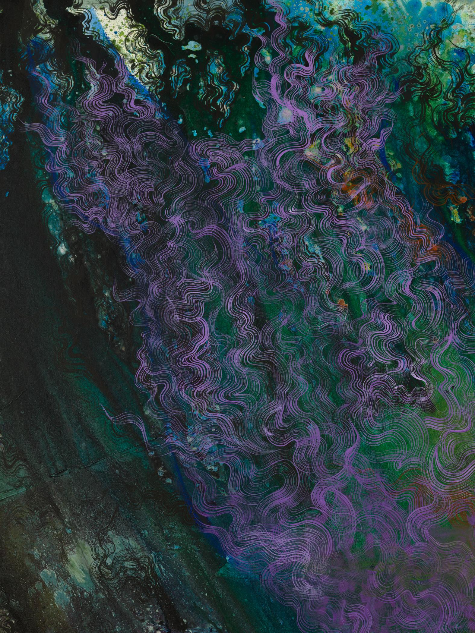 detail of painting; deep aquatic blues and vibrant purples swirl together