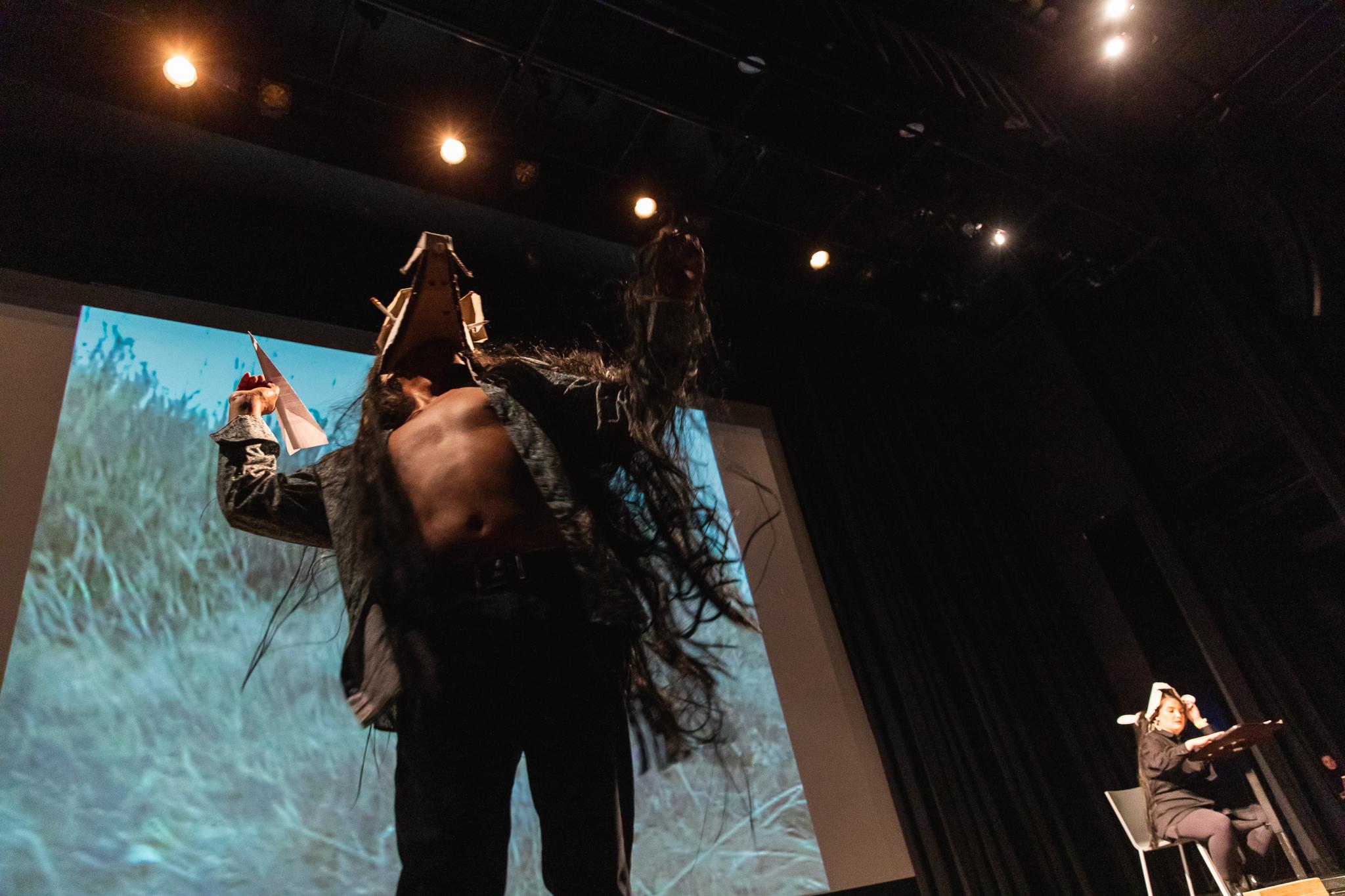 View up at a person wearing a furry coat and cardboard mask on a stage